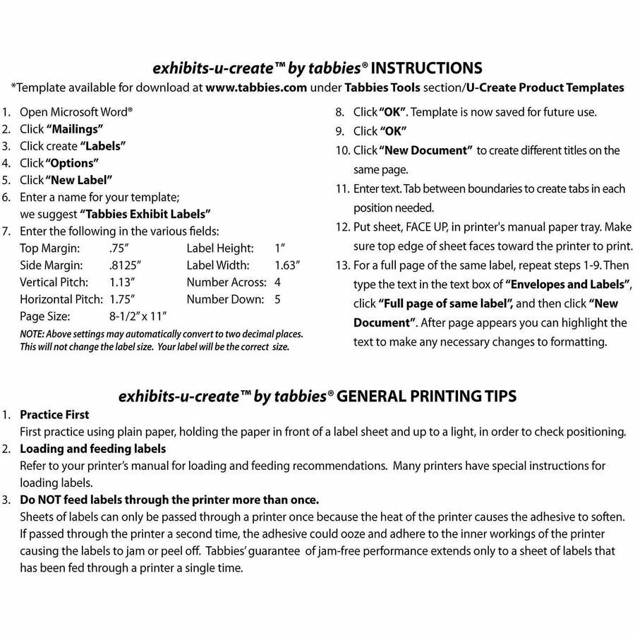 Tabbies Legal Exhibits-U-Create 1" Labels - 1 5/8" Width x 1" Length - Laser - White - 20 / Sheet - 240 / Pack