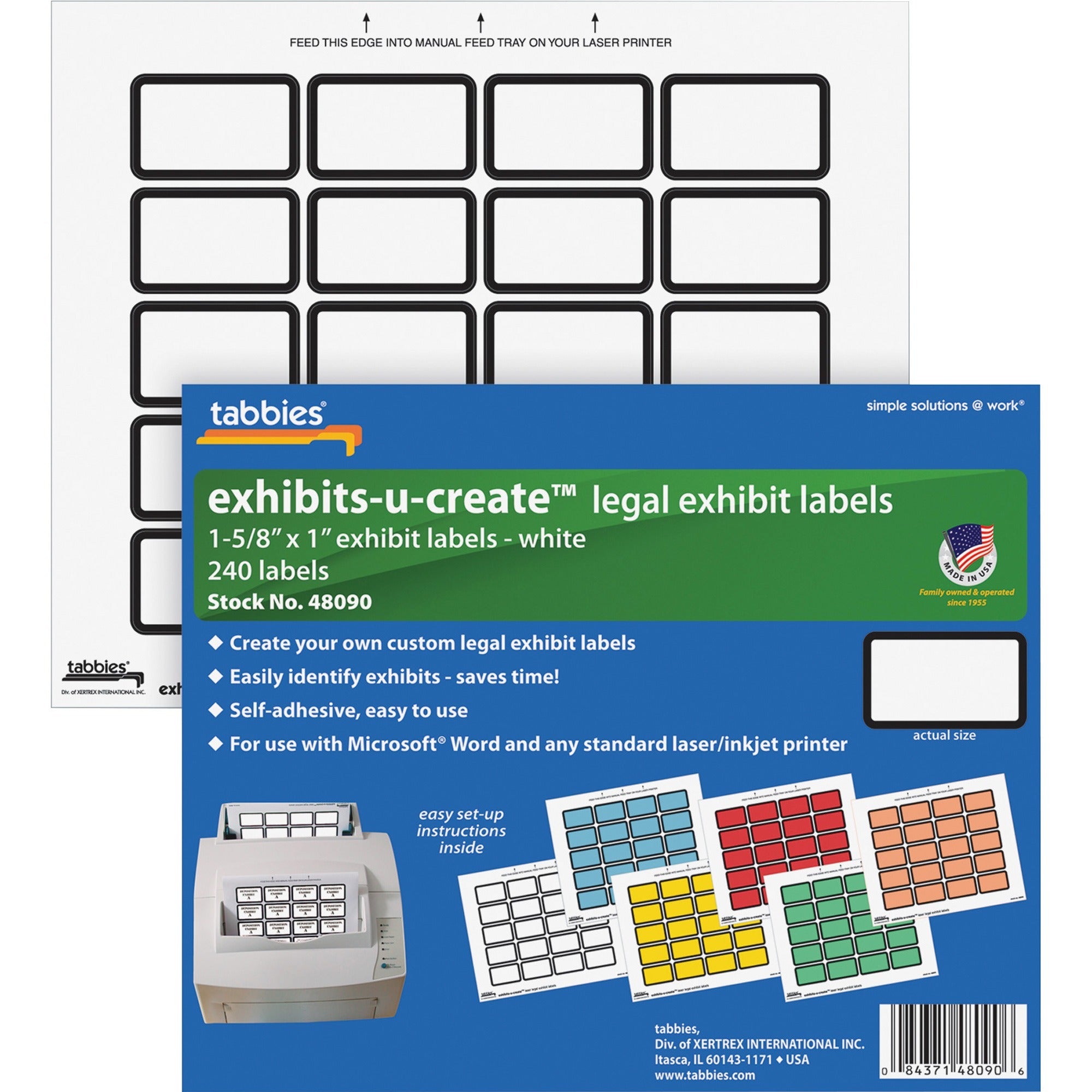 Tabbies Legal Exhibits-U-Create 1" Labels - 1 5/8" Width x 1" Length - Laser - White - 20 / Sheet - 240 / Pack - 