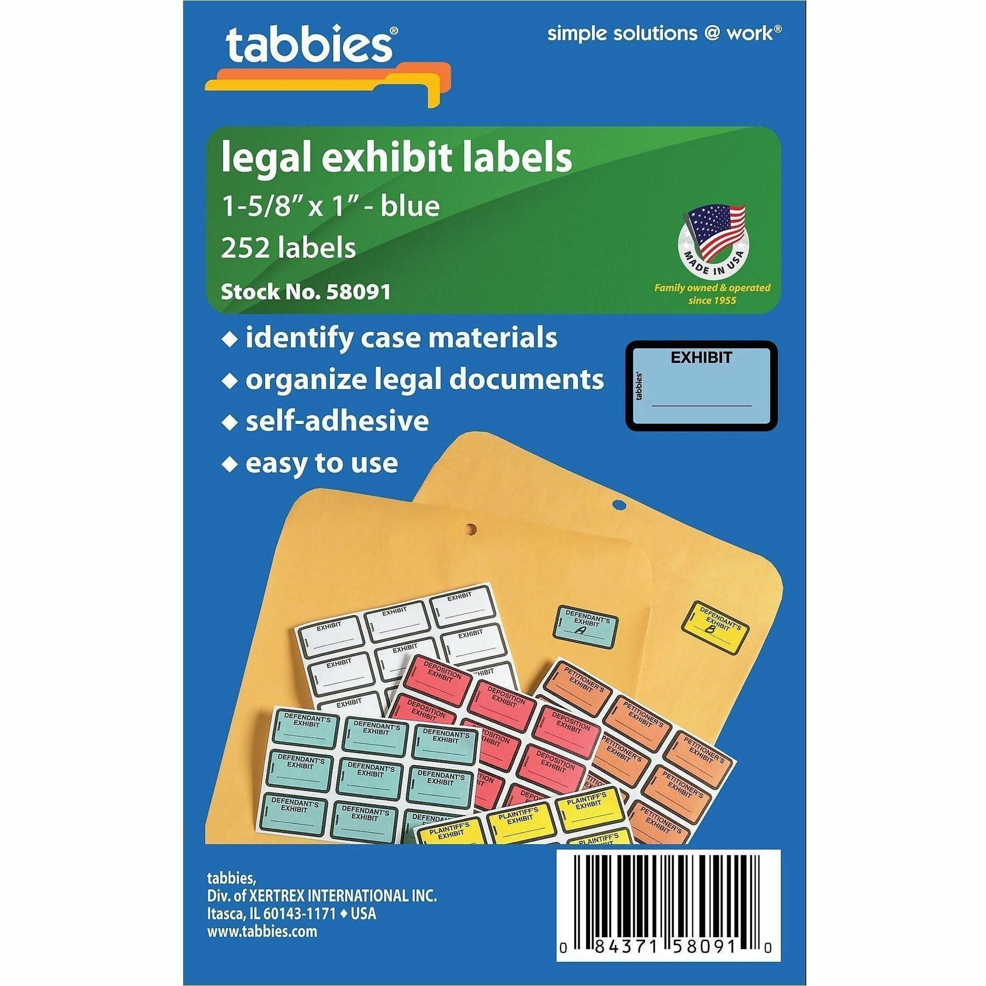 Tabbies Color-coded Legal Exhibit Labels - 1 5/8" Width x 1" Length - Blue - 252 / Pack