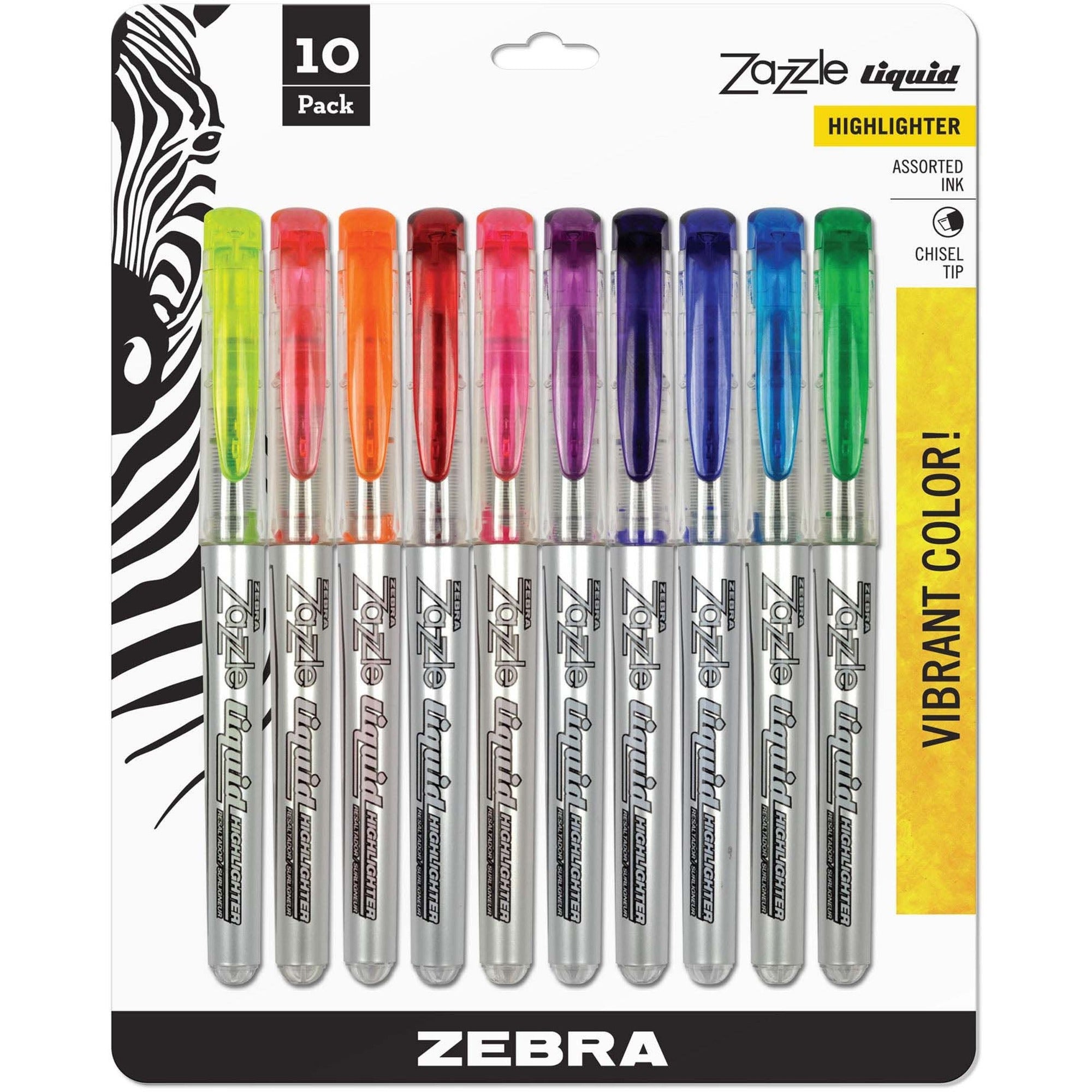 Zazzle Liquid Ink Highlighter, Assorted Ink Colors, Chisel Tip, Assorted Barrel Colors, 10/Set