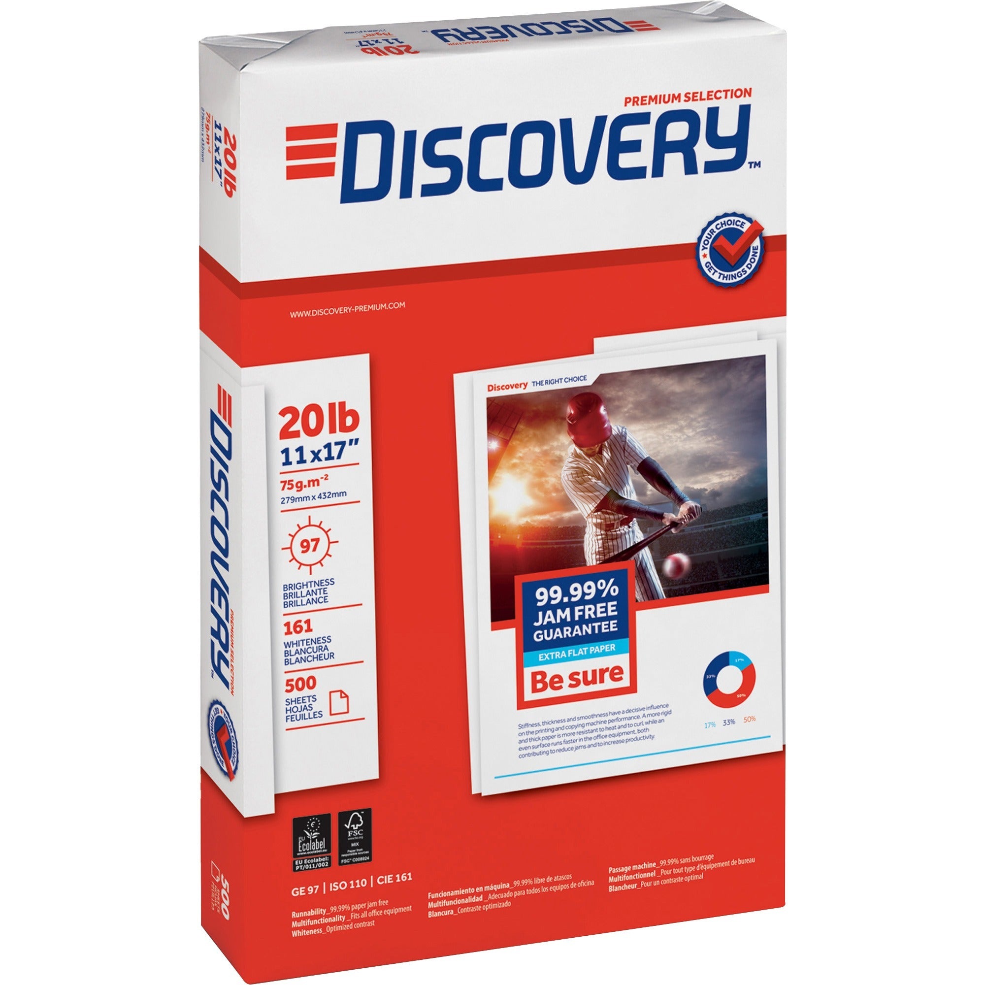 Discovery Premium Multipurpose Paper - Anti-Jam - White - 97 Brightness - Ledger/Tabloid - 11" x 17" - 20 lb Basis Weight - 2500 / Carton - Excellent Ink Absorption - White - 