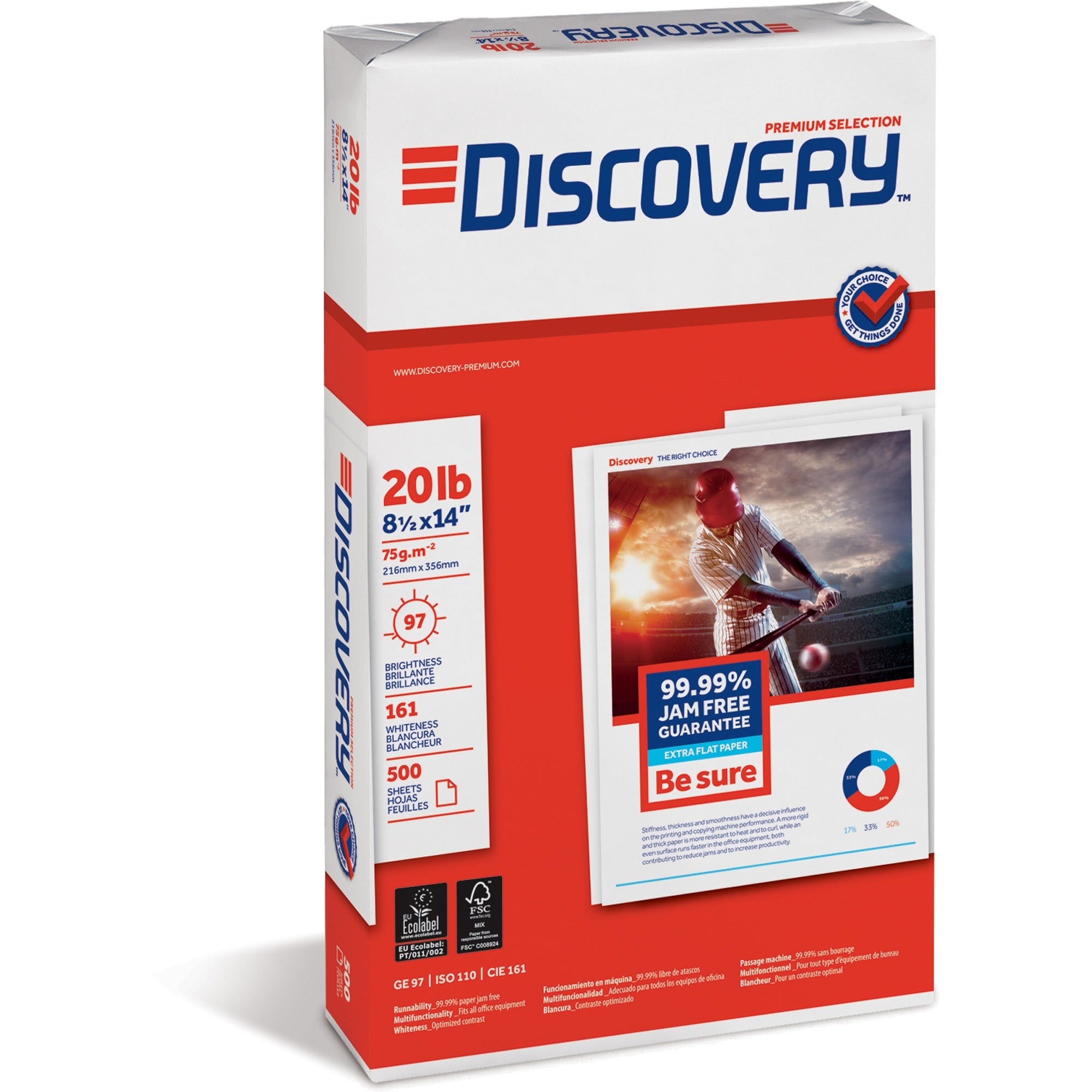 Discovery Premium Multipurpose Paper - Anti-Jam - White - 97 Brightness - Legal - 8 1/2" x 14" - 20 lb Basis Weight - 5000 / Carton - Excellent Ink Absorption - White - 