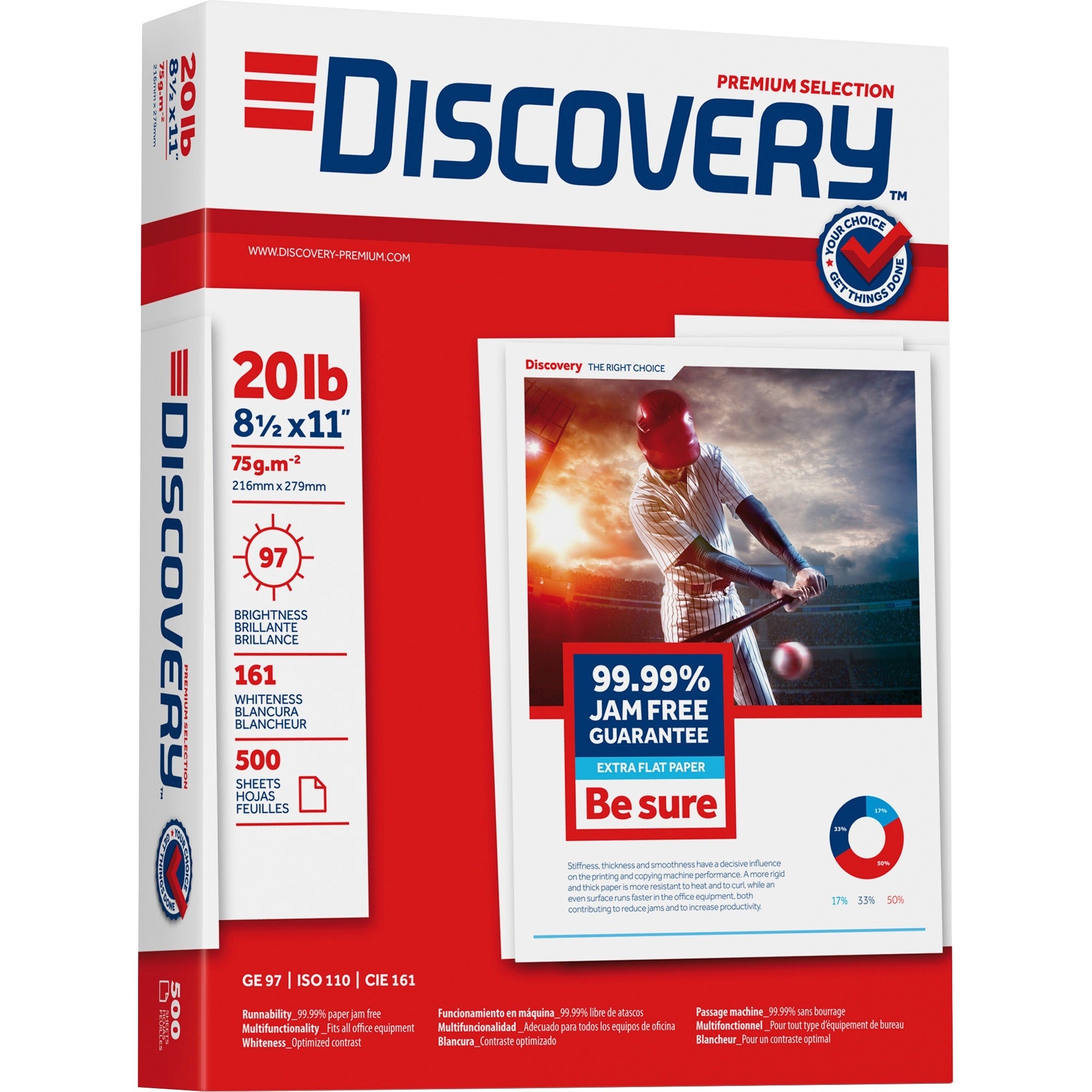 Discovery 3HP Premium Multipurpose Paper - Anti-Jam - Ultra White - 97 Brightness - Letter - 8 1/2" x 11" - 20 lb Basis Weight - 2500 / Carton - Excellent Ink Absorption - Ultra White - 