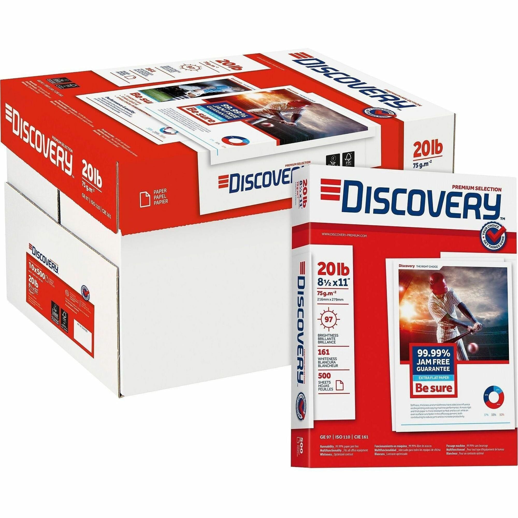 Discovery Premium Multipurpose Paper - Anti-Jam - White - 97 Brightness - Letter - 8 1/2" x 11" - 20 lb Basis Weight - 5000 / Carton - Excellent Ink Absorption, Anti-jam - White