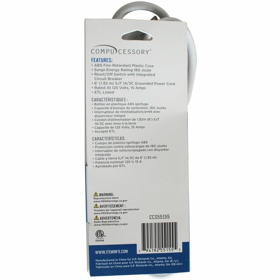Compucessory 6-Outlet Power Strips - 6 - 6 ft Cord - 104 J Surge Energy - 15 A Current - 125 V AC Voltage - Strip - Putty