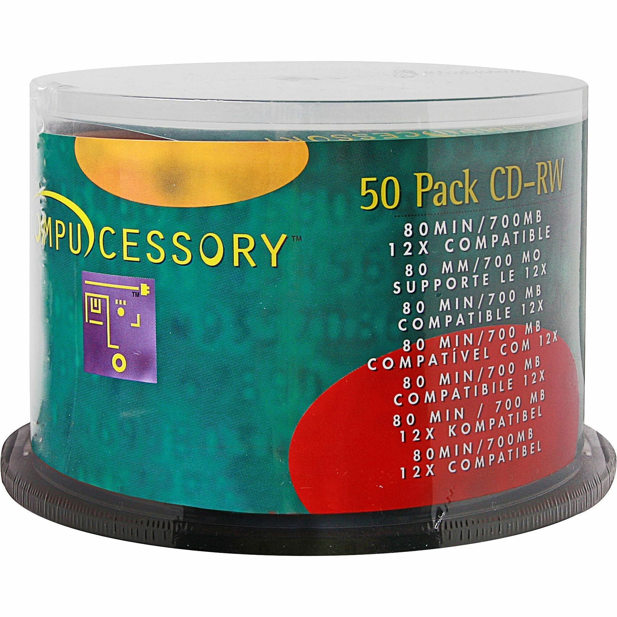 Compucessory CD Rewritable Media - CD-RW - 12x - 700 MB - 50 Pack - 120mm - 1.33 Hour Maximum Recording Time - 