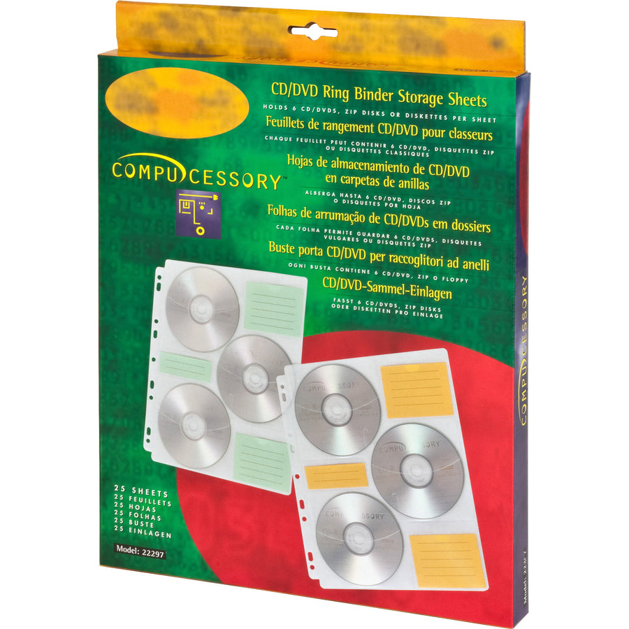 Compucessory CD/DVD Ring Binder Storage Pages - 6 x CD/DVD Capacity - 9 x Holes - Ring Binder - Clear - Polypropylene - 25 / Pack - 