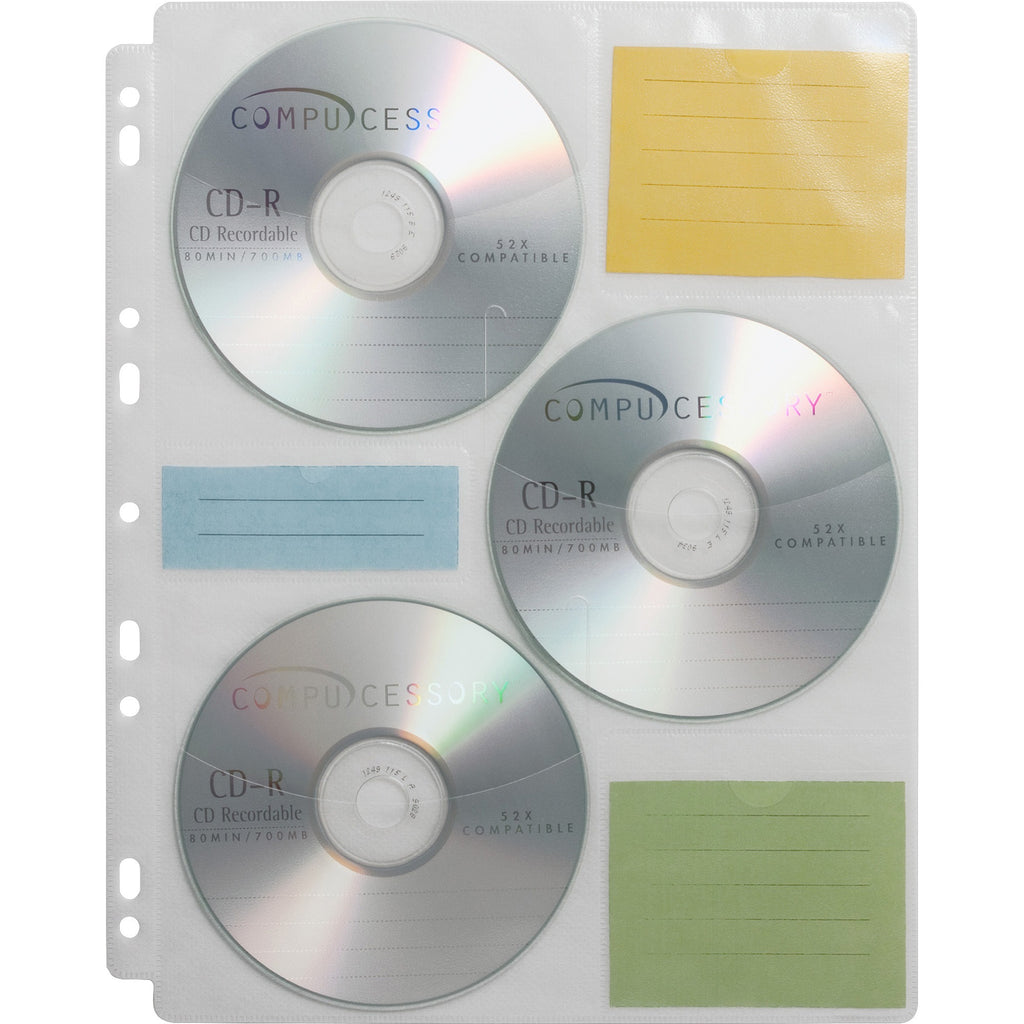 Compucessory CD/DVD Ring Binder Storage Pages - 6 x CD/DVD Capacity - 9 x Holes - Ring Binder - Clear - Polypropylene - 25 / Pack - 
