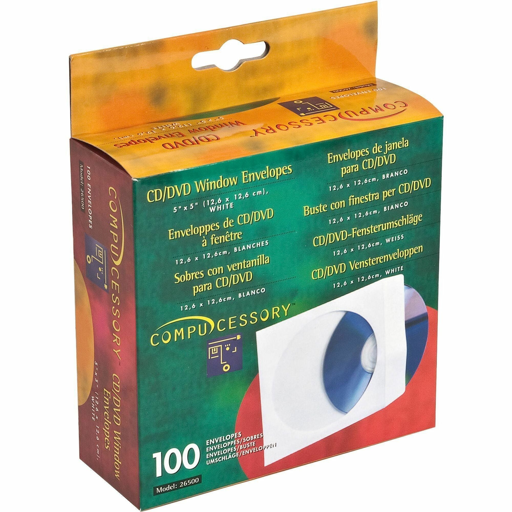 Compucessory CD/DVD White Window Envelopes - CD/DVD - 5" Width x 5" Length - 100 / Box - White - 