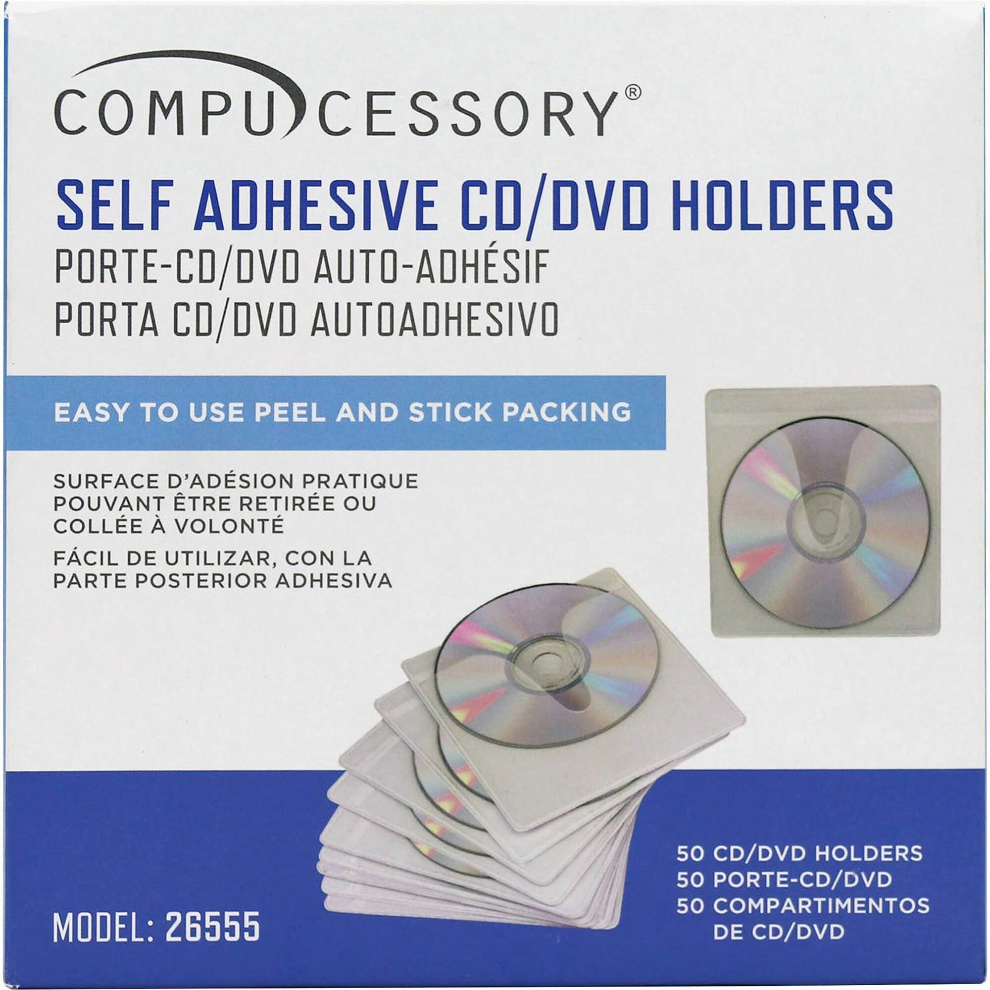 Compucessory Self-Adhesive Poly CD/DVD Holders - 1 x CD/DVD Capacity - White - Polypropylene - 50 / Pack - 