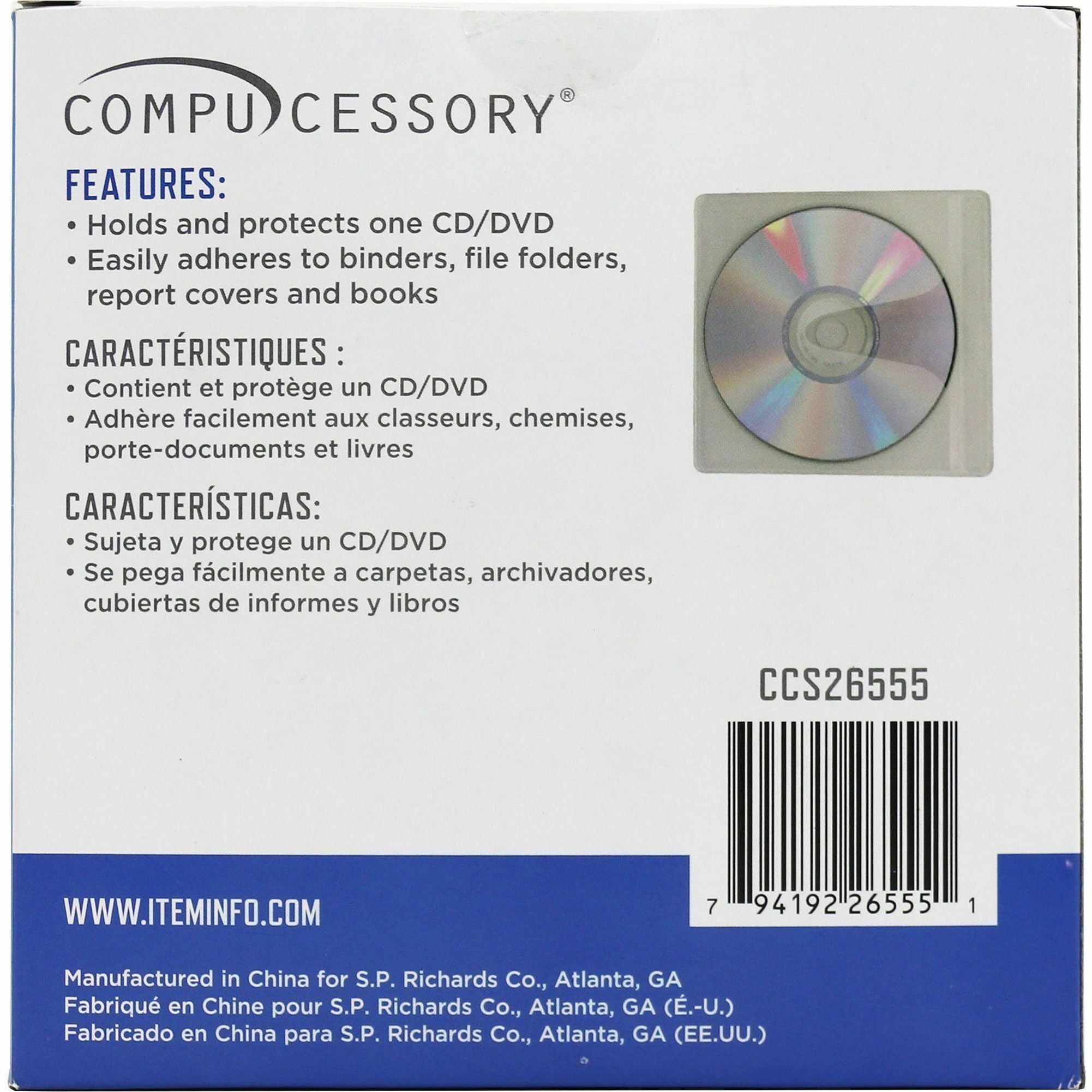 Compucessory Self-Adhesive Poly CD/DVD Holders - 1 x CD/DVD Capacity - White - Polypropylene - 50 / Pack - 