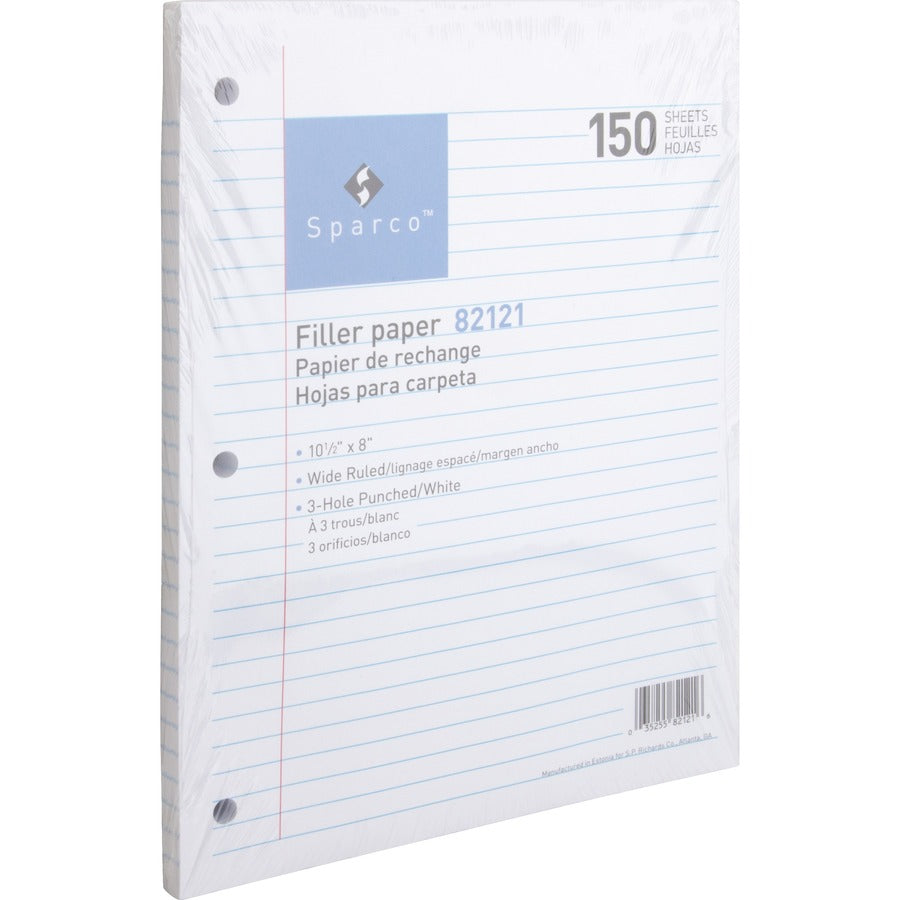 Sparco 3HP Filler Paper - 150 Sheets - Wide Ruled - 16 lb Basis Weight - 8" x 10 1/2" - White Paper - Bleed-free - 150 / Pack