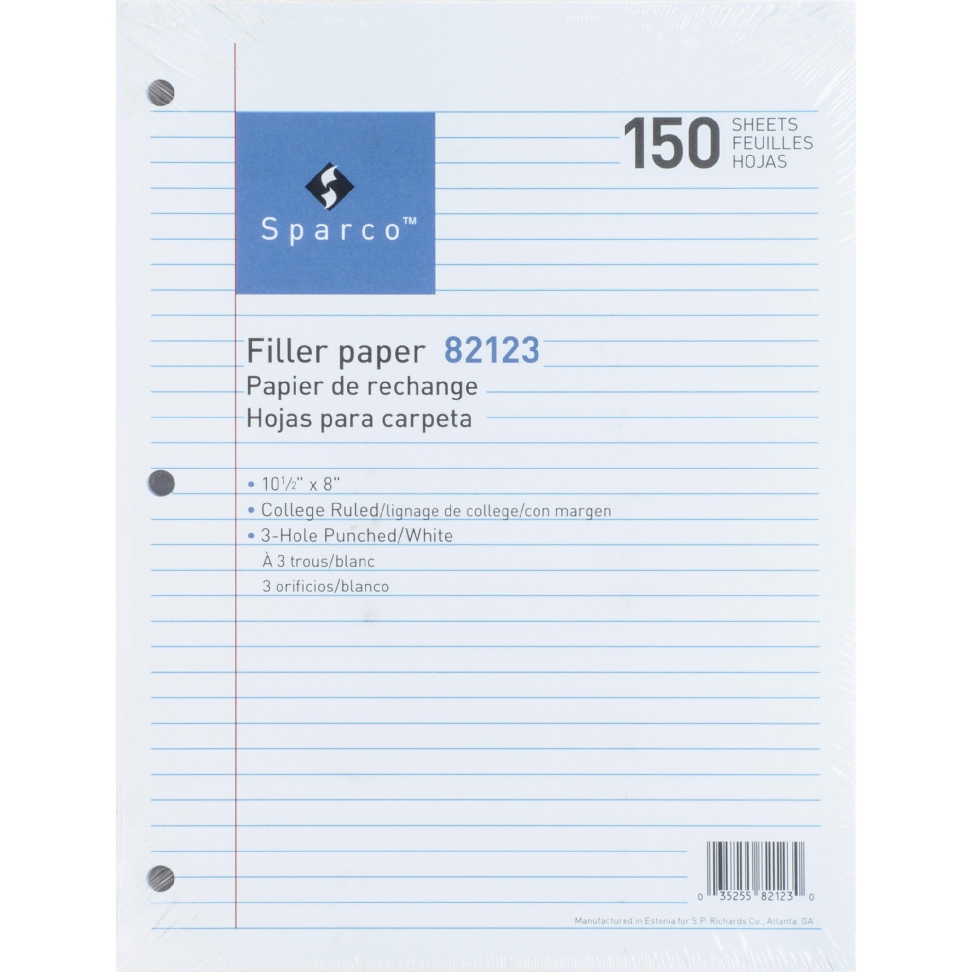Sparco 3-hole Punched Filler Paper - 150 Sheets - College Ruled - Ruled Red Margin - 16 lb Basis Weight - 8" x 10 1/2" - White Paper - Bleed-free - 150 / Pack - 