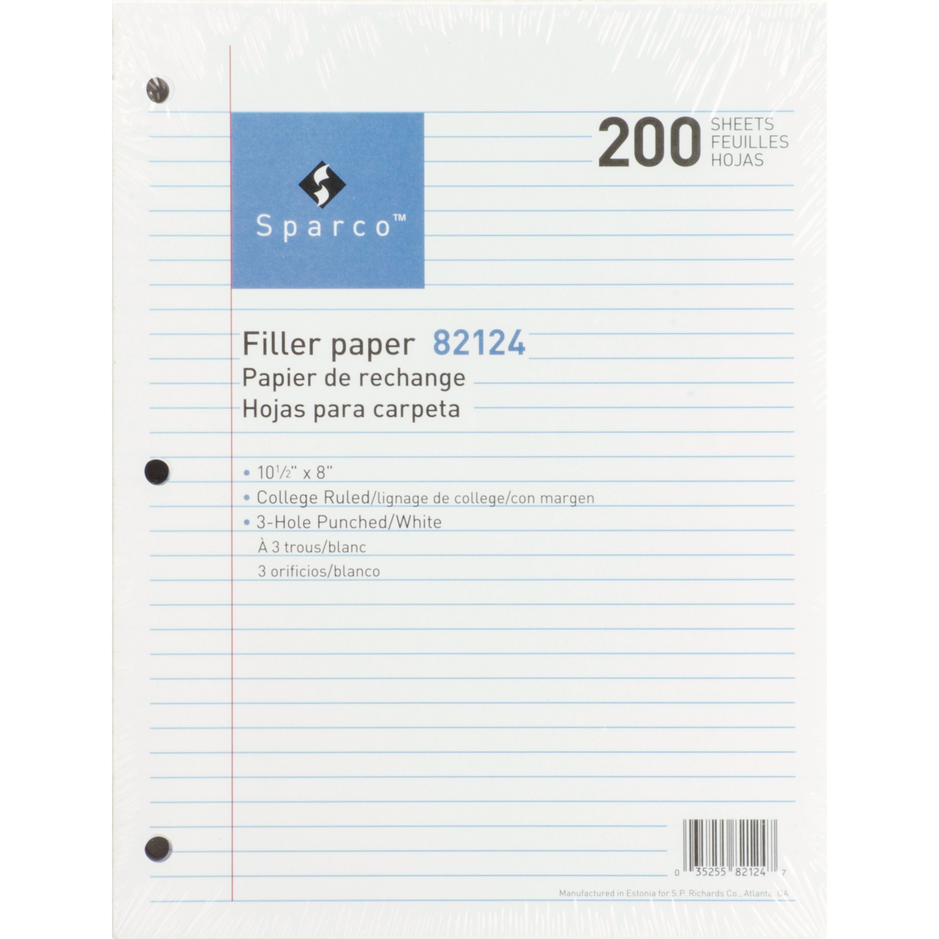 Sparco 3-hole Punched Filler Paper - 200 Sheets - College Ruled - Ruled Red Margin - 16 lb Basis Weight - 8" x 10 1/2" - White Paper - Bleed-free - 200 / Pack - 