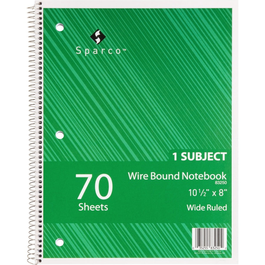 Sparco Quality 3HP Notebook - 1 Subject(s) - 70 Sheets - Wire Bound - Wide Ruled - Unruled Margin - 16 lb Basis Weight - 8" x 10 1/2" - Bright White Paper - AssortedChipboard Cover - Bleed Resistant, Stiff-cover - 1 Each