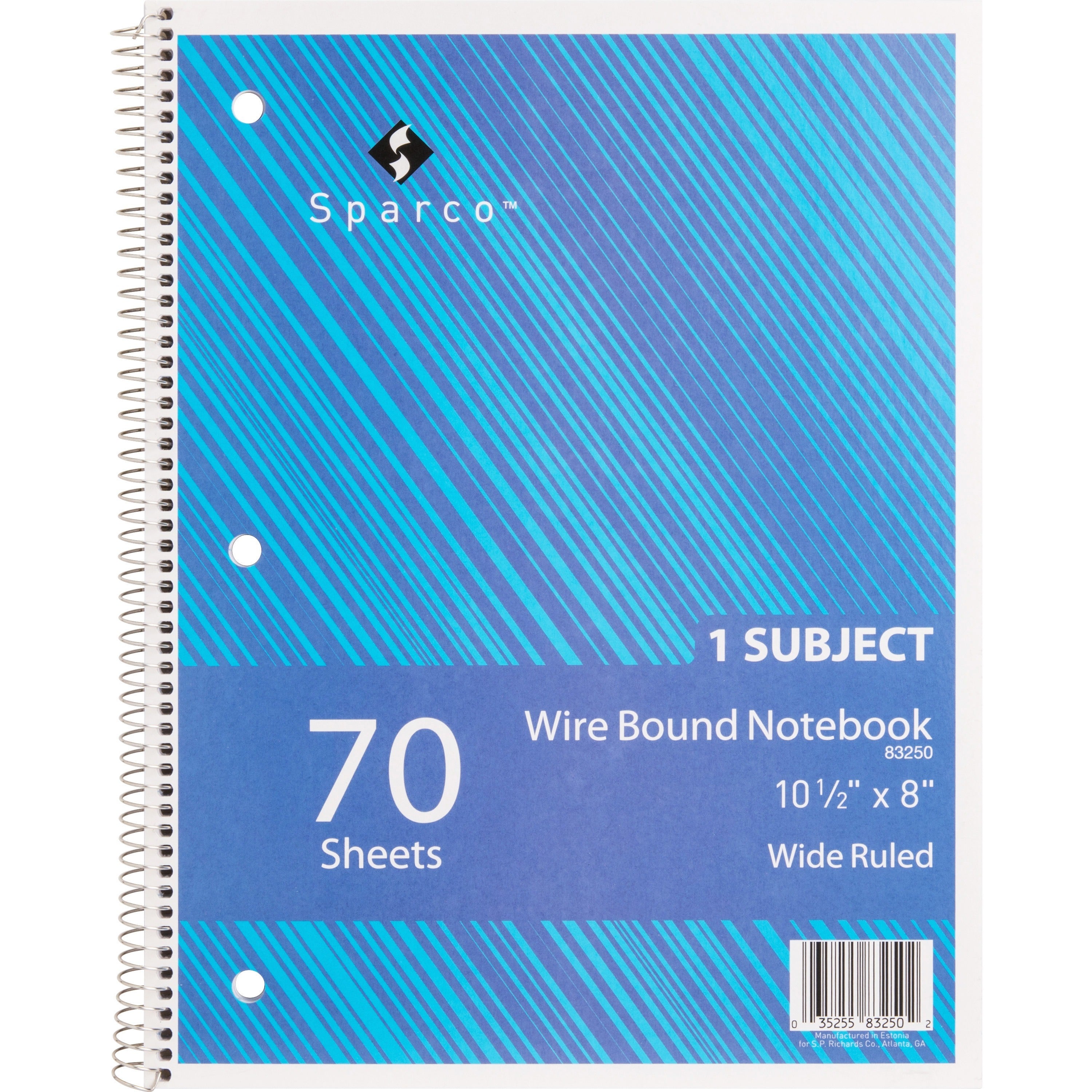 Sparco Quality 3HP Notebook - 1 Subject(s) - 70 Sheets - Wire Bound - Wide Ruled - Unruled Margin - 16 lb Basis Weight - 8" x 10 1/2" - Bright White Paper - AssortedChipboard Cover - Bleed Resistant, Stiff-cover - 1 Each - 