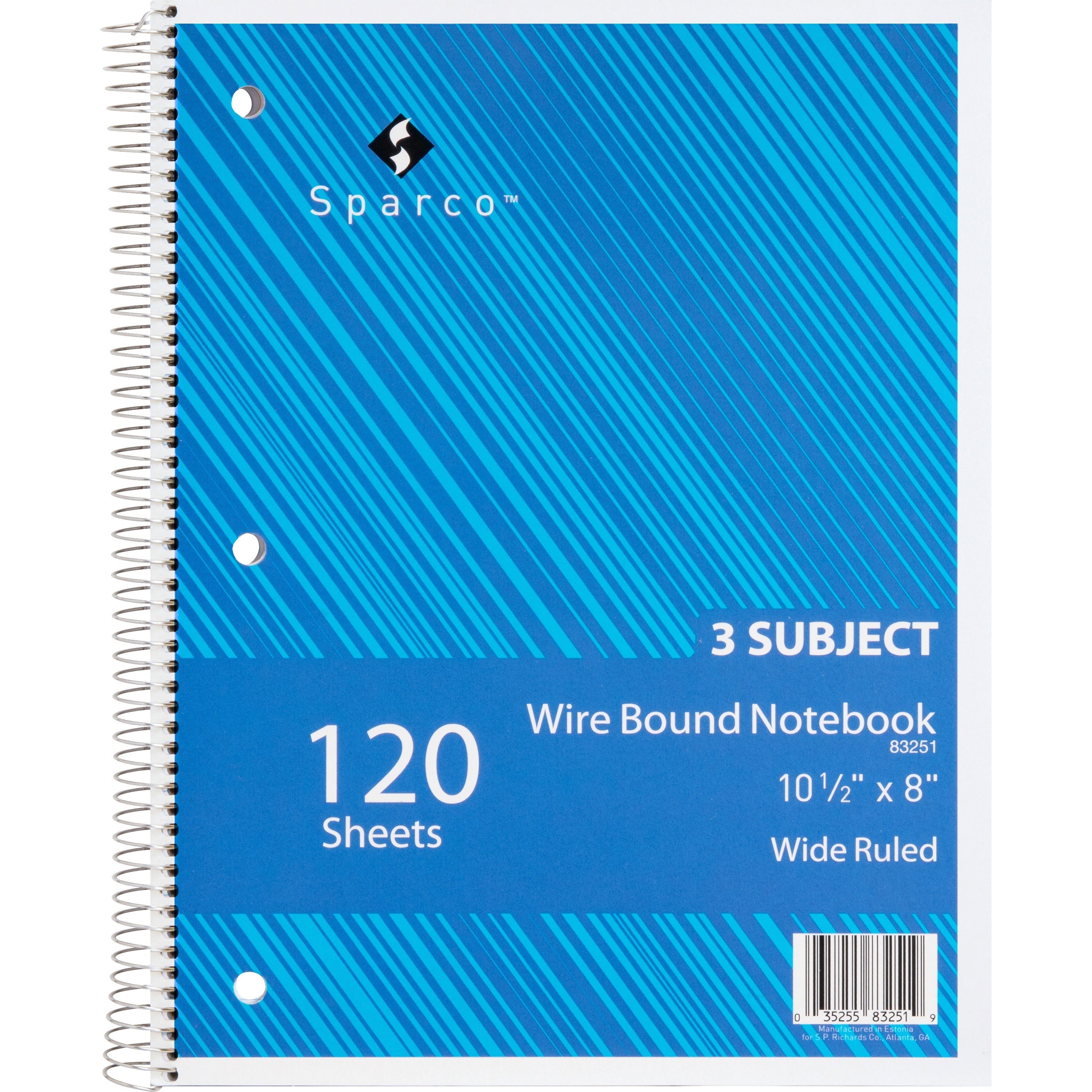 Sparco Quality 3HP Notebook - 3 Subject(s) - 120 Sheets - Wire Bound - Wide Ruled - Unruled Margin - 16 lb Basis Weight - 8" x 10 1/2" - Bright White Paper - AssortedChipboard Cover - Bleed Resistant, Stiff-cover - 1 Each - 