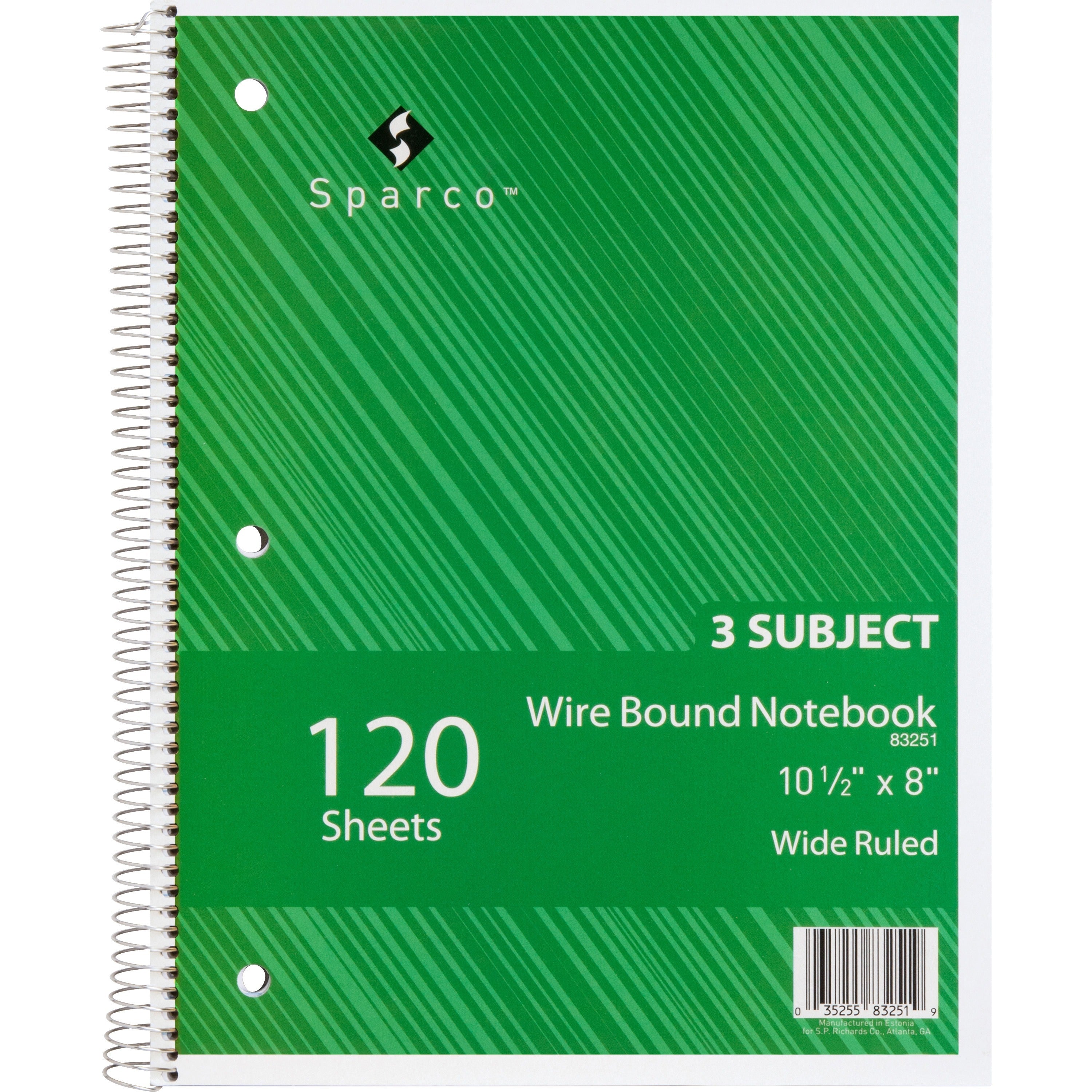 Sparco Quality 3HP Notebook - 3 Subject(s) - 120 Sheets - Wire Bound - Wide Ruled - Unruled Margin - 16 lb Basis Weight - 8" x 10 1/2" - Bright White Paper - AssortedChipboard Cover - Bleed Resistant, Stiff-cover - 1 Each - 