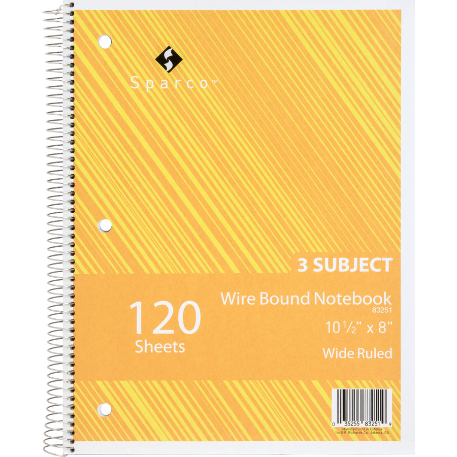 Sparco Quality 3HP Notebook - 3 Subject(s) - 120 Sheets - Wire Bound - Wide Ruled - Unruled Margin - 16 lb Basis Weight - 8" x 10 1/2" - Bright White Paper - AssortedChipboard Cover - Bleed Resistant, Stiff-cover - 1 Each - 