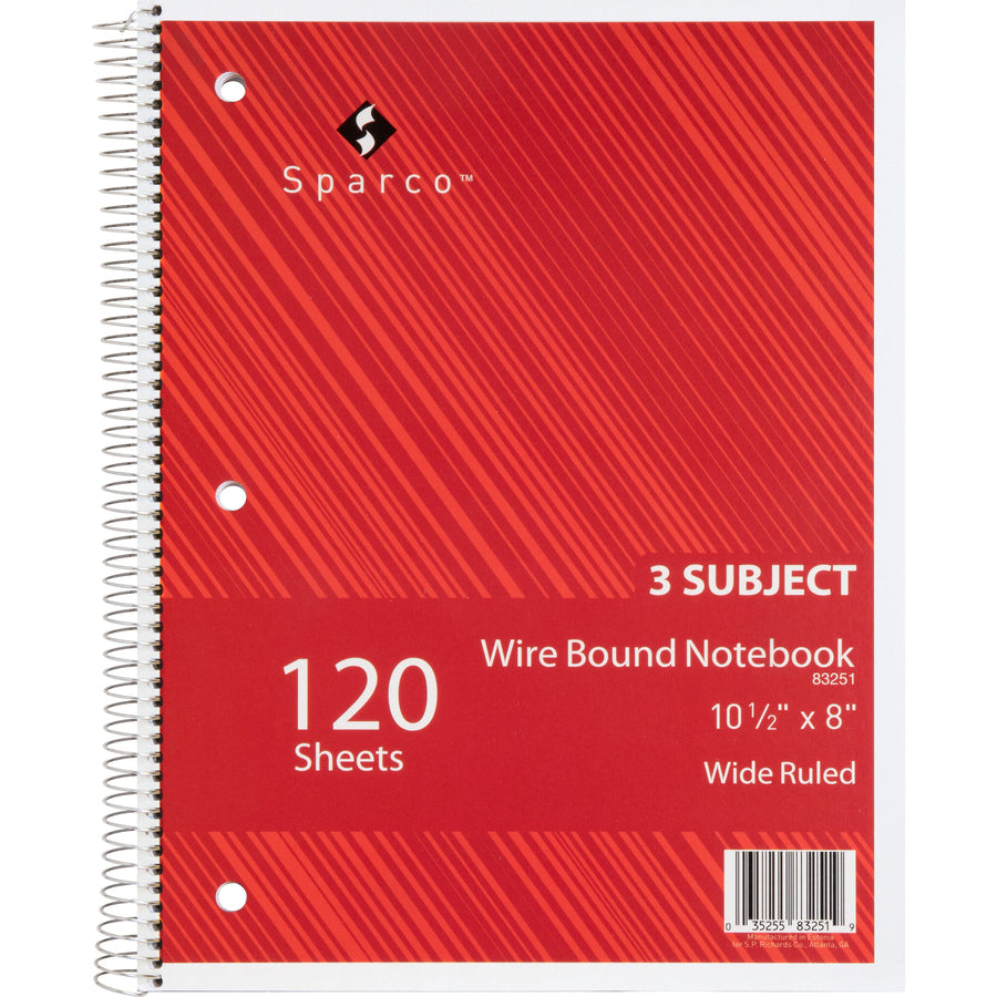 Sparco Quality 3HP Notebook - 3 Subject(s) - 120 Sheets - Wire Bound - Wide Ruled - Unruled Margin - 16 lb Basis Weight - 8" x 10 1/2" - Bright White Paper - AssortedChipboard Cover - Bleed Resistant, Stiff-cover - 1 Each - 