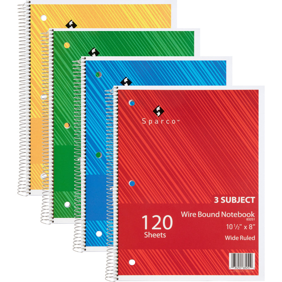 Sparco Quality 3HP Notebook - 3 Subject(s) - 120 Sheets - Wire Bound - Wide Ruled - Unruled Margin - 16 lb Basis Weight - 8" x 10 1/2" - Bright White Paper - AssortedChipboard Cover - Bleed Resistant, Stiff-cover - 1 Each - 