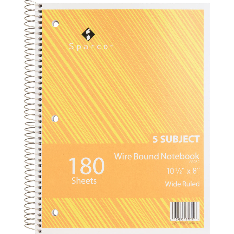Sparco Quality 3HP Notebook - 5 Subject(s) - 180 Sheets - Wire Bound - Wide Ruled - Unruled Margin - 16 lb Basis Weight - 8" x 10 1/2" - Bright White Paper - AssortedChipboard Cover - Bleed Resistant, Stiff-cover - 1 Each - 