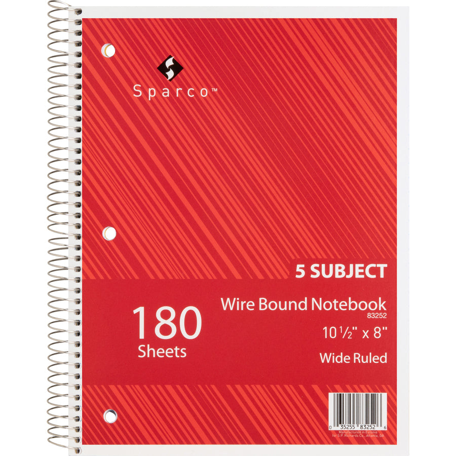 Sparco Quality 3HP Notebook - 5 Subject(s) - 180 Sheets - Wire Bound - Wide Ruled - Unruled Margin - 16 lb Basis Weight - 8" x 10 1/2" - Bright White Paper - AssortedChipboard Cover - Bleed Resistant, Stiff-cover - 1 Each - 