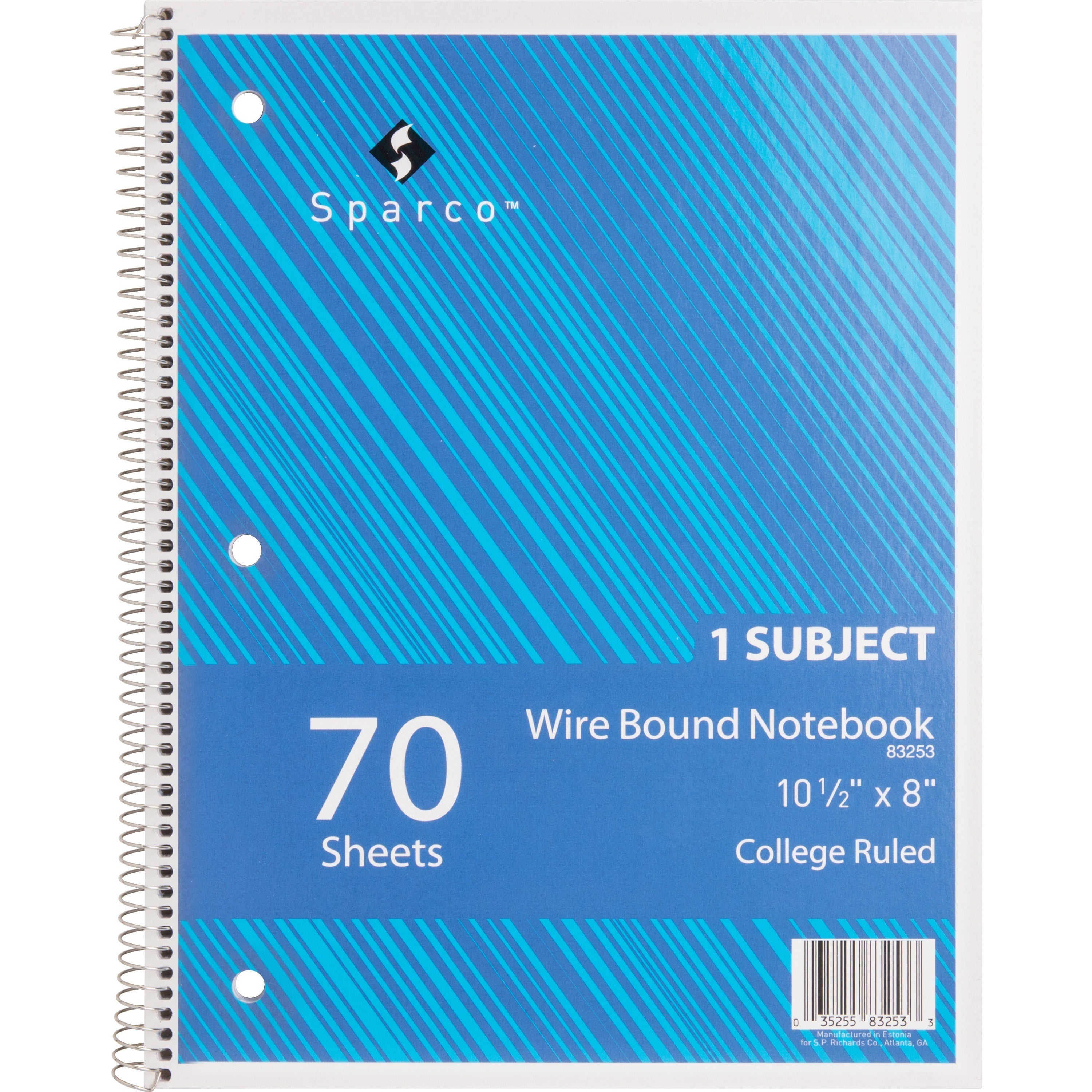 Sparco Wirebound Notebook - 70 Sheets - Wire Bound - College Ruled - Unruled Margin - 16 lb Basis Weight - 8" x 10 1/2" - Assorted Paper - AssortedChipboard Cover - Subject, Stiff-cover, Stiff-back, Perforated, Hole-punched - 1 Each - 