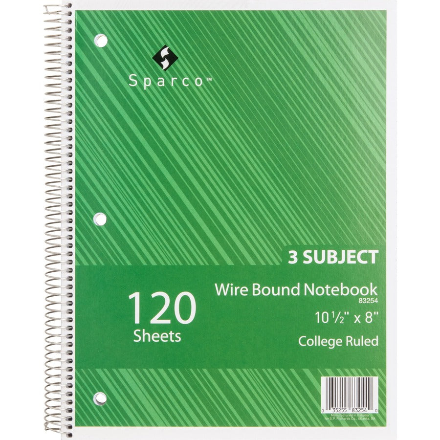 Sparco Wirebound College Ruled Notebooks - 120 Sheets - Wire Bound - College Ruled - Unruled Margin - 16 lb Basis Weight - 8" x 10 1/2" - Assorted Paper - AssortedChipboard Cover - Resist Bleed-through, Subject, Stiff-cover, Stiff-back - 1 Each