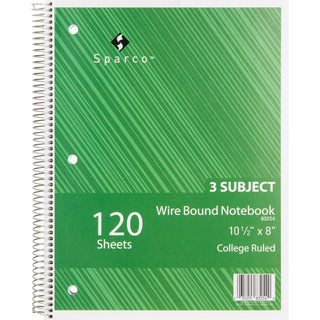 Sparco Wirebound College Ruled Notebooks - 120 Sheets - Wire Bound - College Ruled - Unruled Margin - 16 lb Basis Weight - 8" x 10 1/2" - Assorted Paper - AssortedChipboard Cover - Resist Bleed-through, Subject, Stiff-cover, Stiff-back - 1 Each