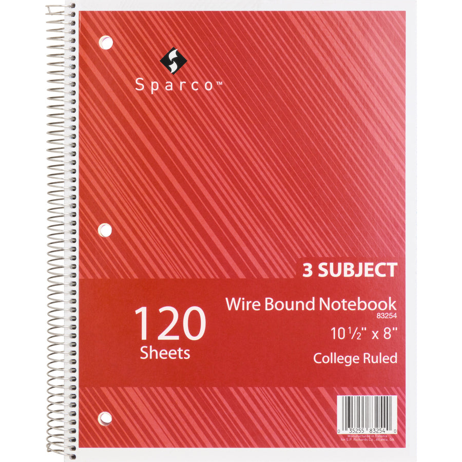 Sparco Wirebound College Ruled Notebooks - 120 Sheets - Wire Bound - College Ruled - Unruled Margin - 16 lb Basis Weight - 8" x 10 1/2" - Assorted Paper - AssortedChipboard Cover - Resist Bleed-through, Subject, Stiff-cover, Stiff-back - 1 Each - 