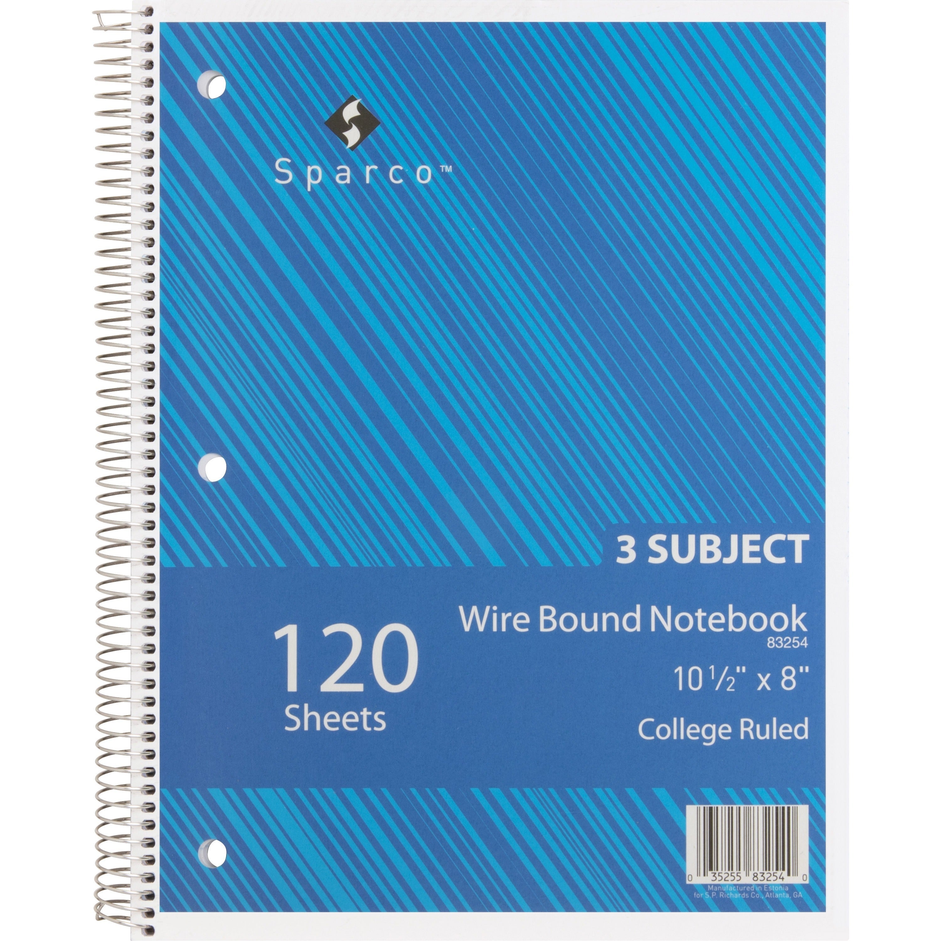 Sparco Wirebound College Ruled Notebooks - 120 Sheets - Wire Bound - College Ruled - Unruled Margin - 16 lb Basis Weight - 8" x 10 1/2" - Assorted Paper - AssortedChipboard Cover - Resist Bleed-through, Subject, Stiff-cover, Stiff-back - 1 Each - 