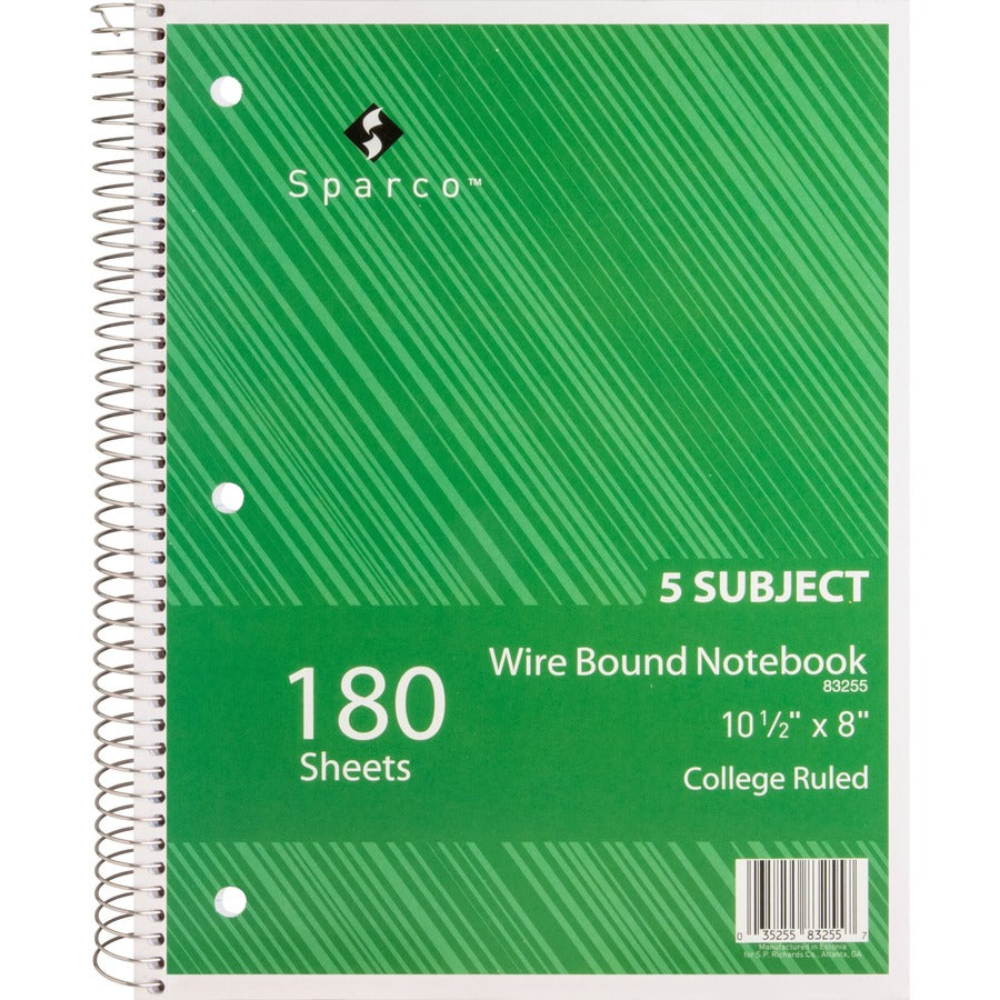 Sparco Wirebound College Ruled Notebooks - 180 Sheets - Wire Bound - College Ruled - Unruled Margin - 8" x 10 1/2" - Assorted Paper - AssortedChipboard Cover - Resist Bleed-through, Subject, Stiff-back, Stiff-cover - 1 Each
