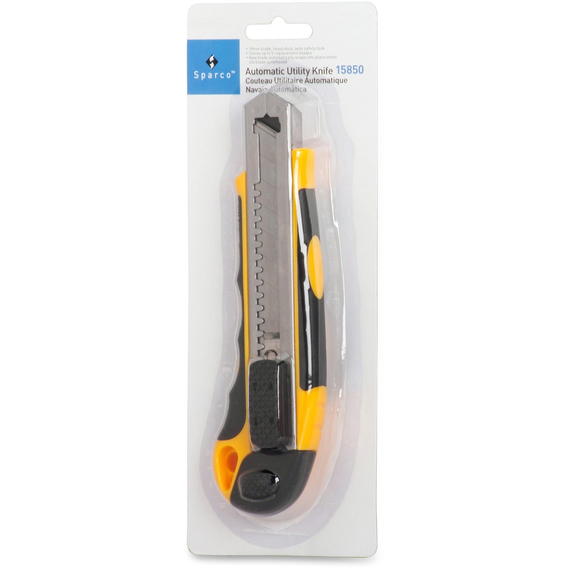 Sparco Automatic Utility Knife - Metal Blade - Heavy Duty - Acrylonitrile Butadiene Styrene (ABS) - Black, Yellow - 1 Each - 