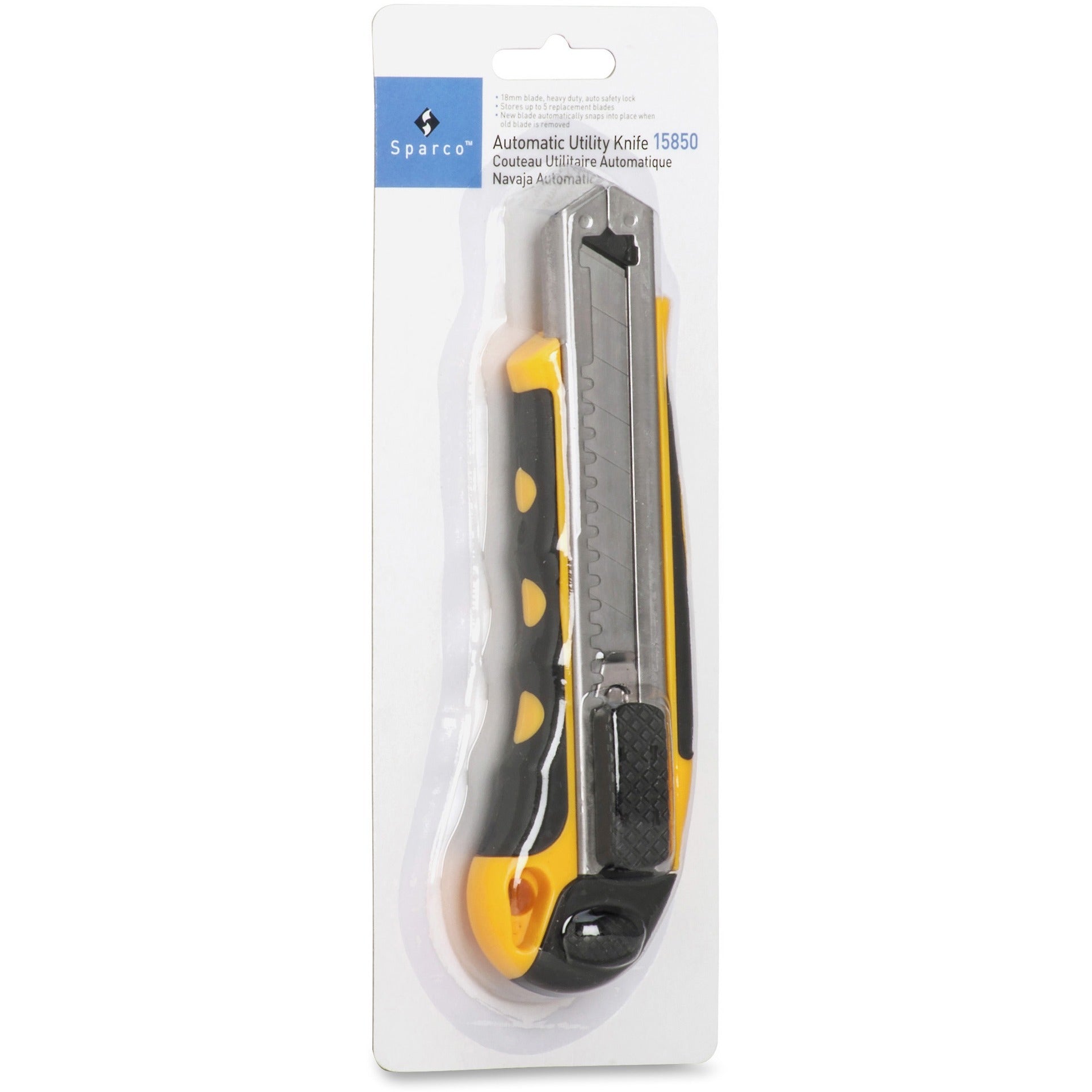 Sparco Automatic Utility Knife - Metal Blade - Heavy Duty - Acrylonitrile Butadiene Styrene (ABS) - Black, Yellow - 1 Each - 