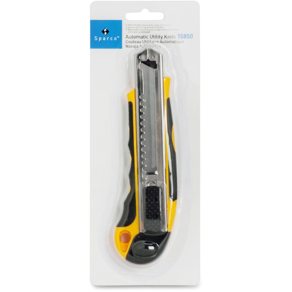 Sparco Automatic Utility Knife - Metal Blade - Heavy Duty - Acrylonitrile Butadiene Styrene (ABS) - Black, Yellow - 1 Each - 