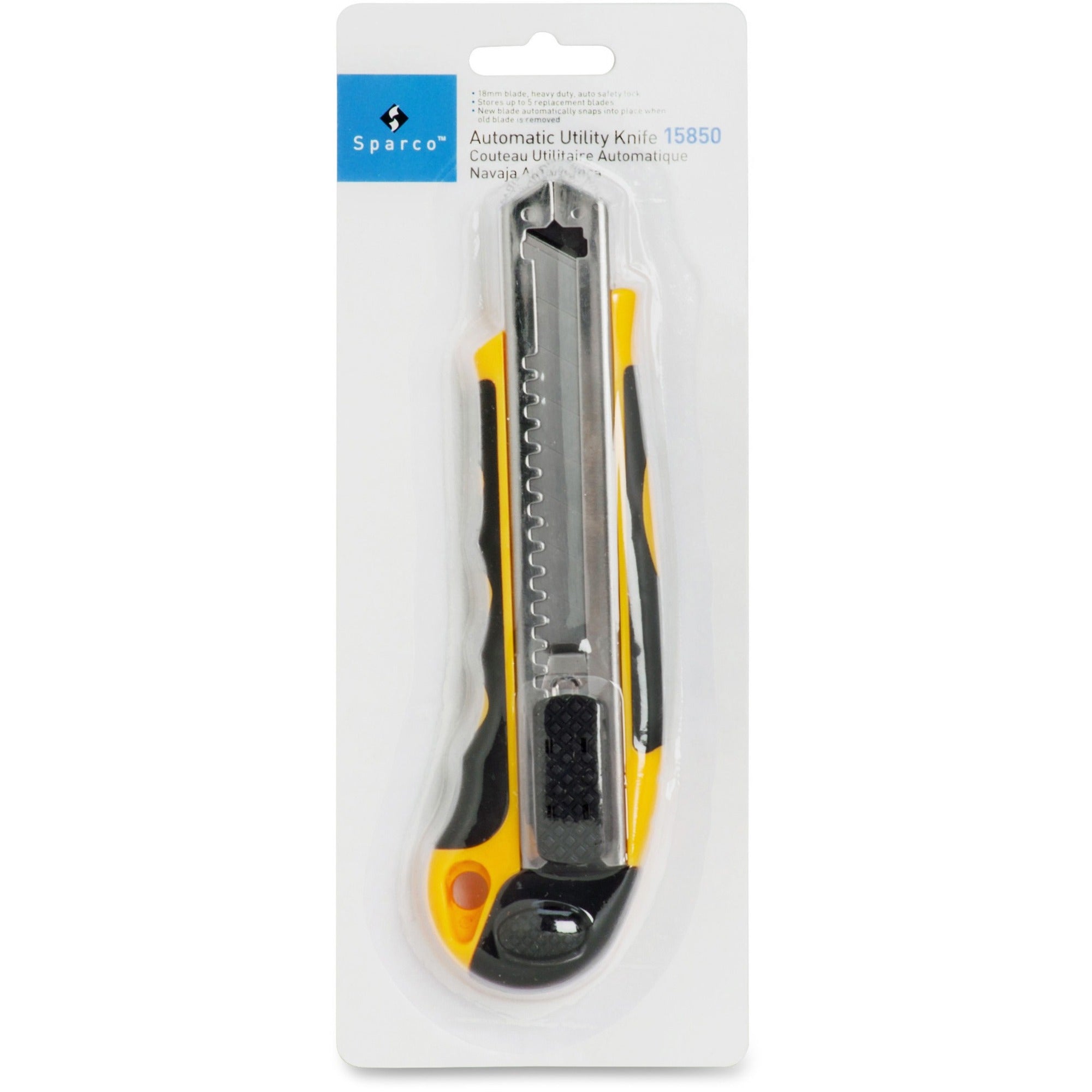 Sparco Automatic Utility Knife - Metal Blade - Heavy Duty - Acrylonitrile Butadiene Styrene (ABS) - Black, Yellow - 1 Each - 