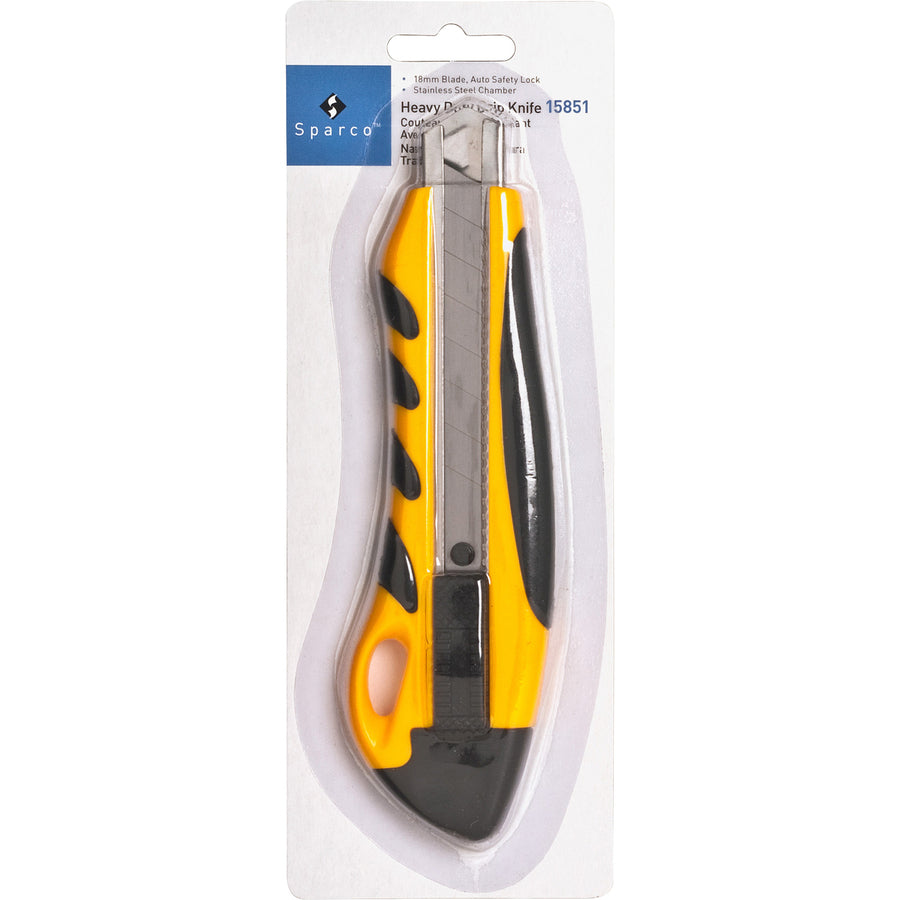 Sparco PVC Anti-Slip Rubber Grip Utility Knife - Stainless Steel Blade - Heavy Duty - Yellow - 1 Each - 