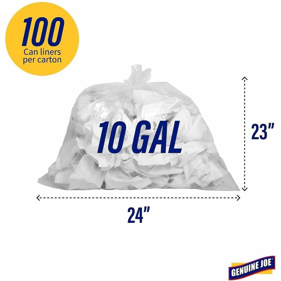 Genuine Joe Clear Trash Can Liners - Small Size - 10 gal Capacity - 24" Width x 23" Length - 0.60 mil (15 Micron) Thickness - Low Density - Clear - 500/Carton