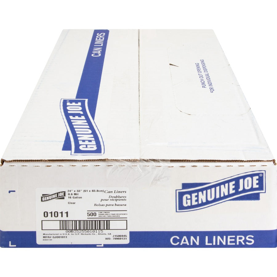 Genuine Joe Clear Trash Can Liners - Small Size - 16 gal Capacity - 24" Width x 33" Length - 0.60 mil (15 Micron) Thickness - Low Density - Clear - 500/Carton
