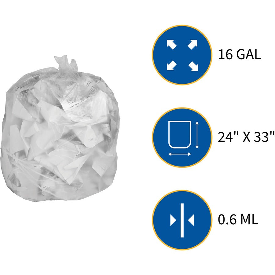 Genuine Joe Clear Trash Can Liners - Small Size - 16 gal Capacity - 24" Width x 33" Length - 0.60 mil (15 Micron) Thickness - Low Density - Clear - 500/Carton