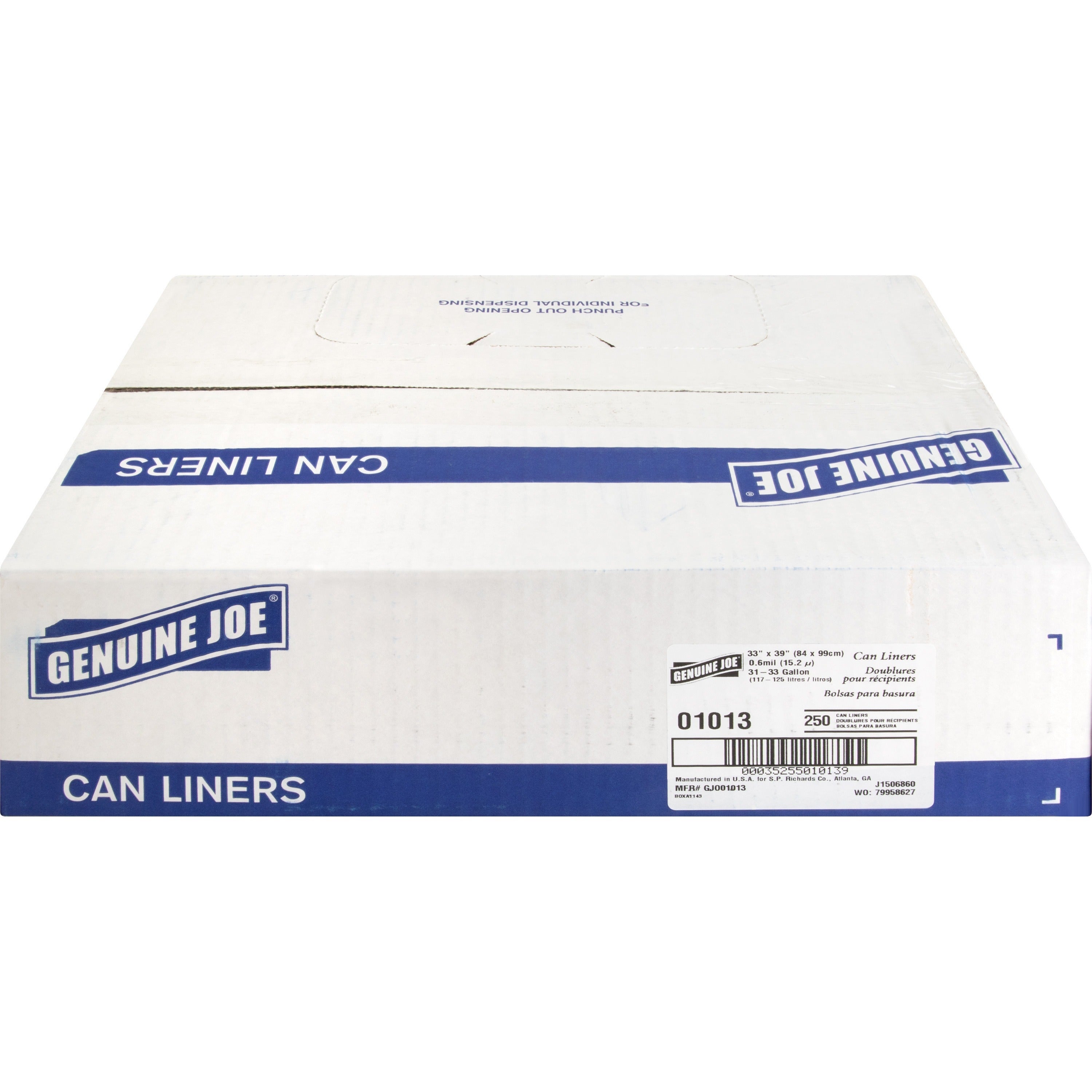 Genuine Joe Clear Trash Can Liners - Medium Size - 33 gal Capacity - 33" Width x 39" Length - 0.60 mil (15 Micron) Thickness - Low Density - Clear - 250/Carton - 