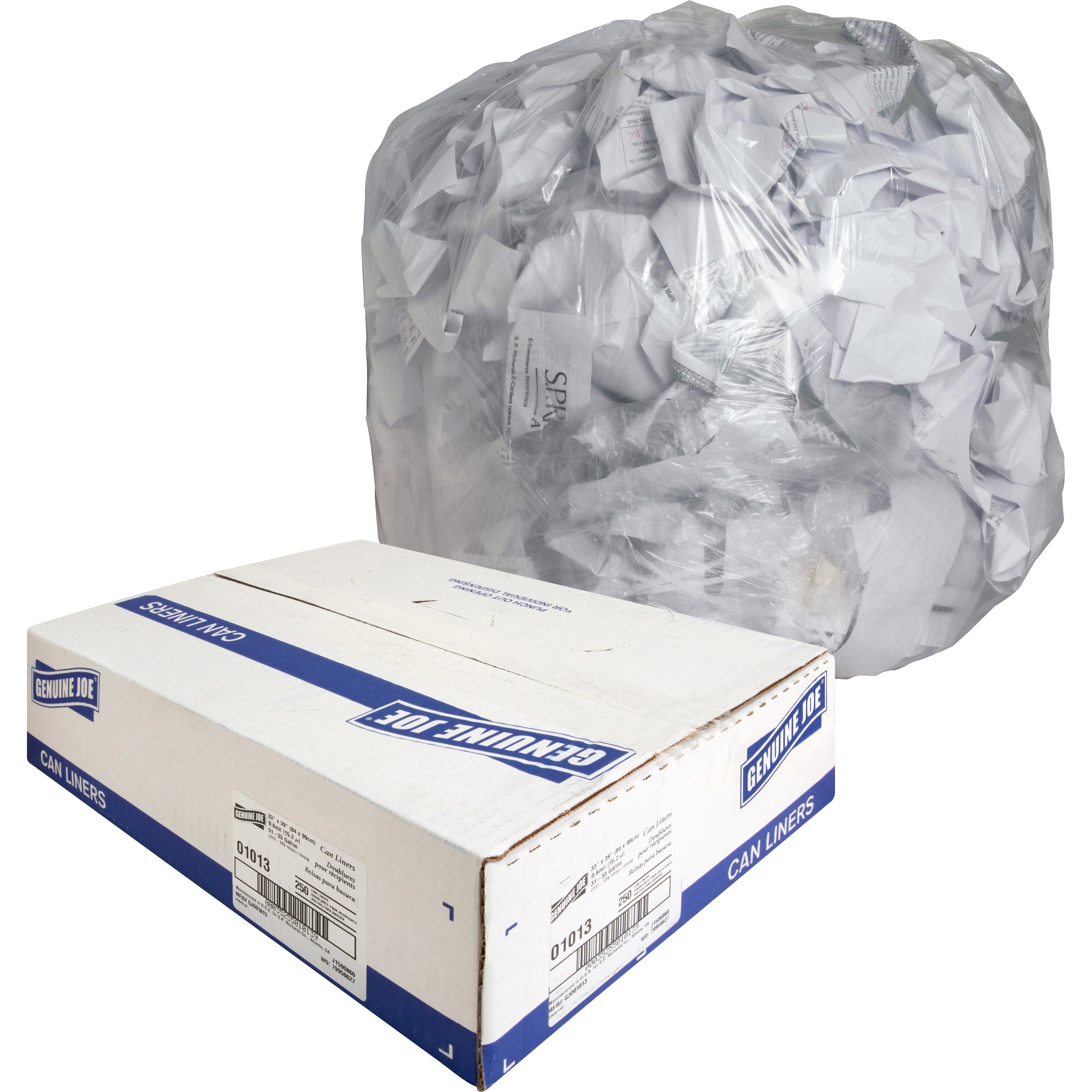 Genuine Joe Clear Trash Can Liners - Medium Size - 33 gal Capacity - 33" Width x 39" Length - 0.60 mil (15 Micron) Thickness - Low Density - Clear - 250/Carton - 