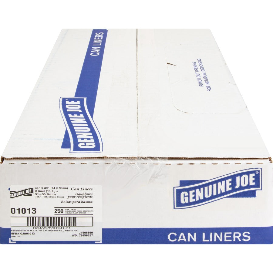 Genuine Joe Clear Trash Can Liners - Medium Size - 33 gal Capacity - 33" Width x 39" Length - 0.60 mil (15 Micron) Thickness - Low Density - Clear - 250/Carton