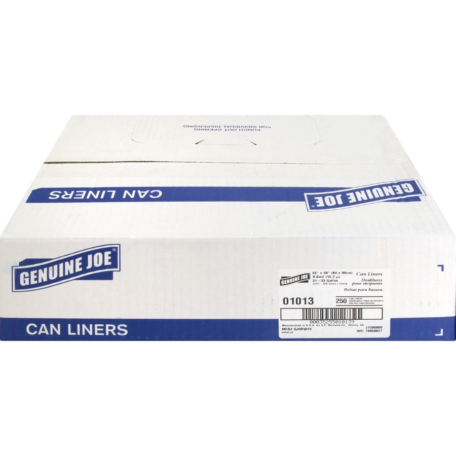 Genuine Joe Clear Trash Can Liners - Medium Size - 33 gal Capacity - 33" Width x 39" Length - 0.60 mil (15 Micron) Thickness - Low Density - Clear - 250/Carton