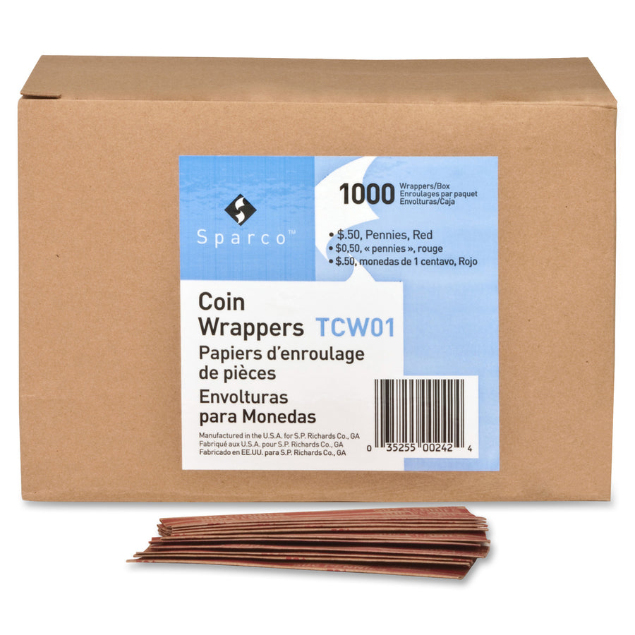Sparco Flat Coin Wrappers - 1000 Wrap(s)Total $0.50 in 50 Coins of 1 Denomination - 60 lb Basis Weight - Kraft - Red - 1000 / Pack - 