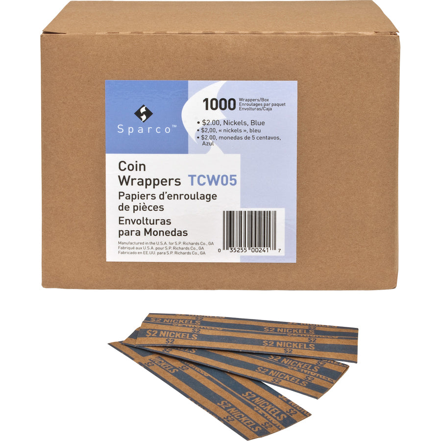 Sparco Flat Coin Wrappers - 1000 Wrap(s)Total $2.00 in 40 Coins of 5 Denomination - 60 lb Basis Weight - Kraft - Blue - 1000 / Box - 