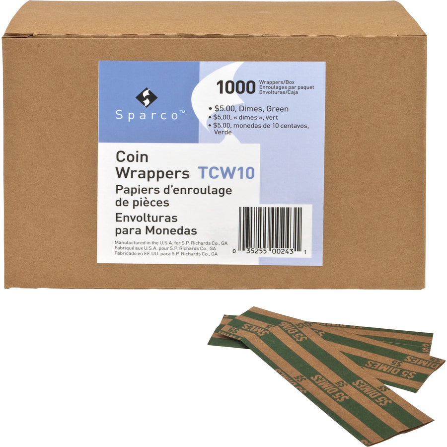 Sparco Flat Coin Wrappers - 1000 Wrap(s)Total $5.0 in 50 Coins of 10 Denomination - 60 lb Basis Weight - Kraft - Green - 1000 / Pack - 