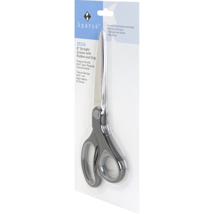 Sparco Straight Scissors w/Rubber Grip Handle - 8" Overall Length - Straight - Stainless Steel - Black, Gray - 1 Each