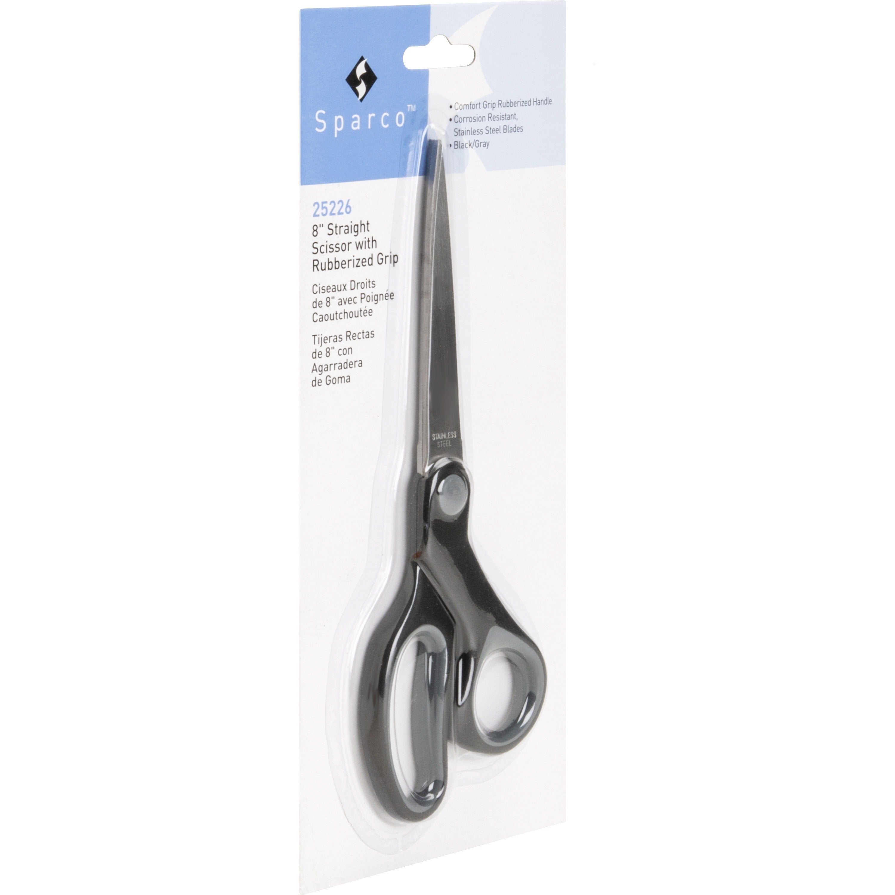 Sparco Straight Scissors w/Rubber Grip Handle - 8" Overall Length - Straight - Stainless Steel - Black, Gray - 1 Each - 